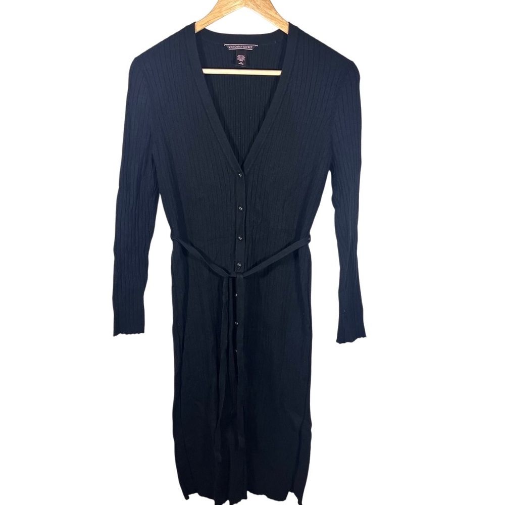 Victoria’s Secret Knit Button Down Belted V Neck Black Sweater Dress Medium